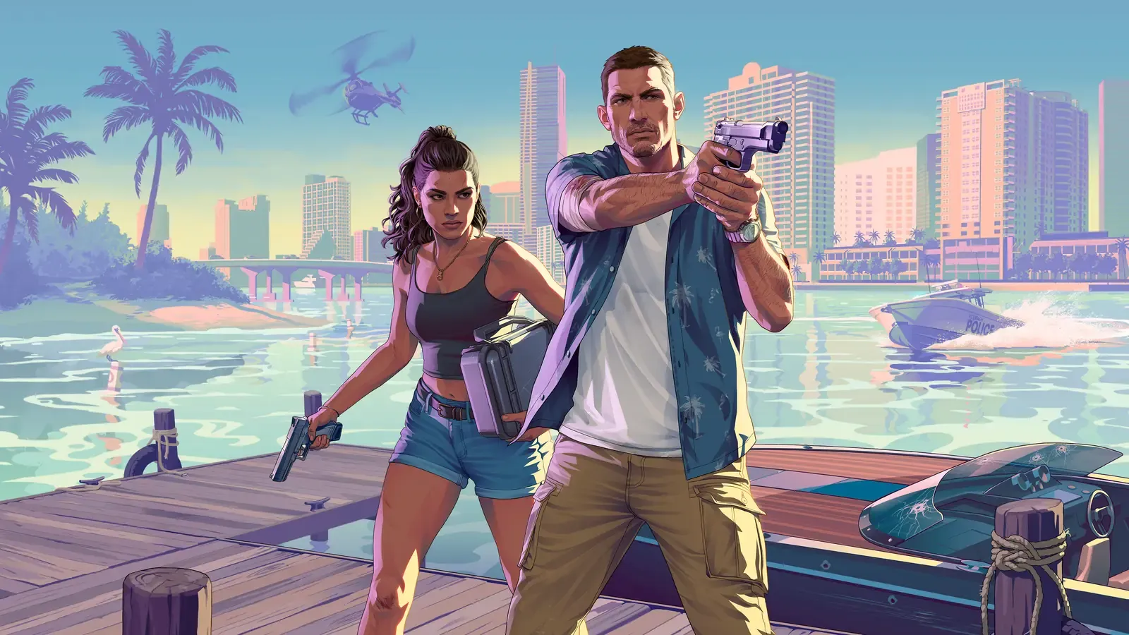 Official GTA 6 artwork: Jason and Lucia holding pistols on a Vice City dock